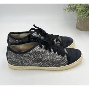 Lanvin Paris Black Pewter Calf Hair Leather Ribbon Lace Up Low-Top Sneakers Sz 7